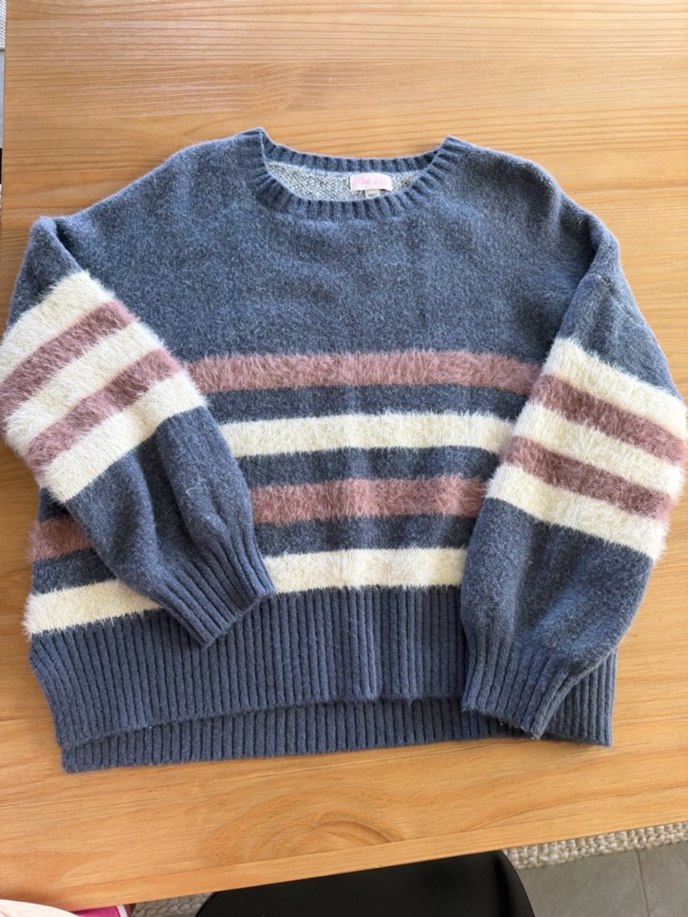 Pink Lily Striped Crewneck Sweater - Gray, Cream & Dusty Pink